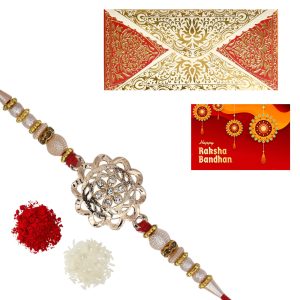 The Gift Tree Golden Chakra Beads Rakhi For Brother With Roli, Chawal and Beautiful greeting card | Premium Rakhi for Men, Kids & Boys