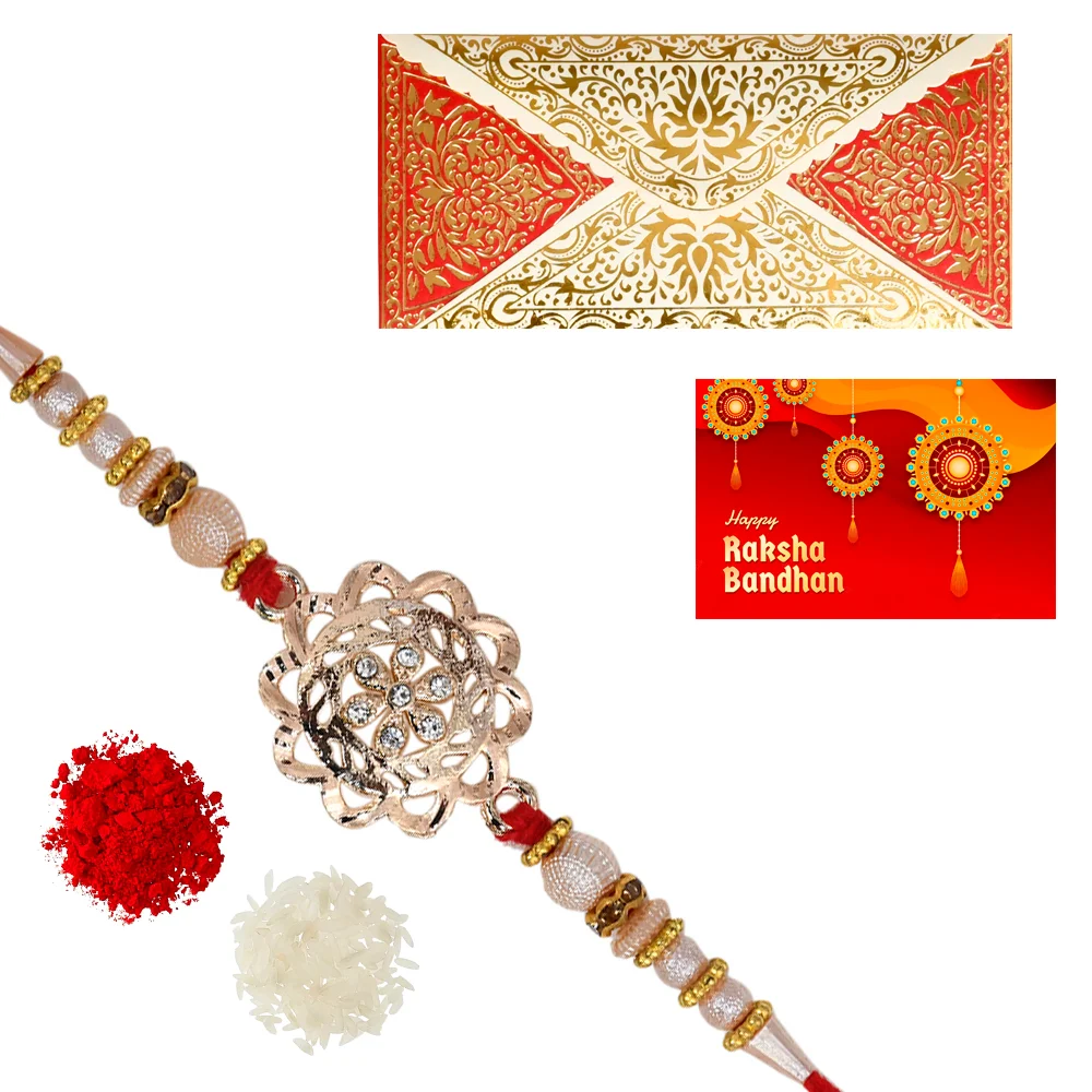 The Gift Tree Golden Chakra Beads Rakhi For Brother With Roli, Chawal and Beautiful greeting card | Premium Rakhi for Men, Kids & Boys 1 The Gift Tree Golden Chakra Beads Rakhi For Brother With Roli, Chawal and Beautiful greeting card | Premium Rakhi for Men, Kids & Boys