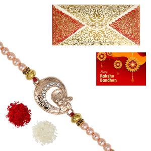 The Gift Tree Golden Moon Star Beads Rakhi For Brother With Roli, Chawal and Beautiful greeting card | Premium Rakhi for Men, Kids & Boys