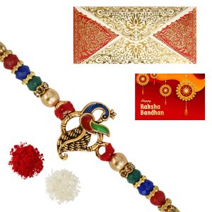 The Gift Tree Multicolor Peacock Beads Rakhi For Brother With Roli, Chawal and Beautiful greeting card | Premium Rakhi for Men, Kids & Boys
