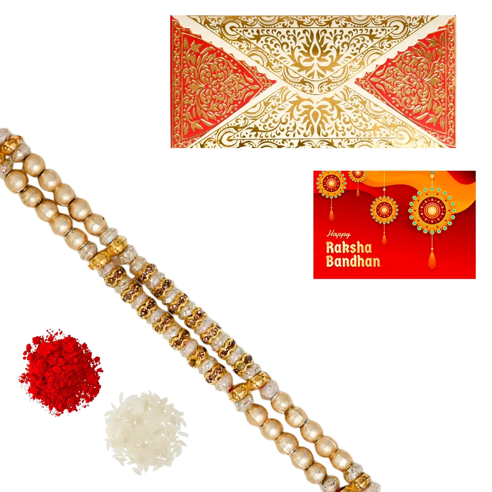 The Gift Tree Golden Diamond Pearl Rakhi For Brother With Roli, Chawal and Beautiful greeting card | Premium Rakhi for Men, Kids & Boys 1 The Gift Tree Golden Diamond Pearl Rakhi For Brother With Roli, Chawal and Beautiful greeting card | Premium Rakhi for Men, Kids & Boys