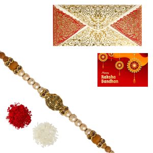 The Gift Tree Golden Stone Pearl Rakhi For Brother With Roli, Chawal and Beautiful greeting card | Premium Rakhi for Men, Kids & Boys