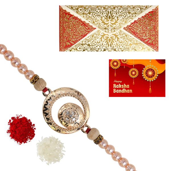 The Gift Tree Golden Round Designer Pearl Rakhi For Brother With Roli, Chawal and Beautiful greeting card | Premium Rakhi for Men, Kids & Boys