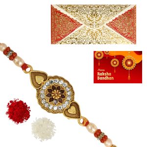 The Gift Tree White Diamond Golden Floral Rakhi For Brother With Roli, Chawal and Beautiful greeting card | Premium Rakhi for Men, Kids & Boys