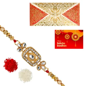 The Gift Tree White Diamond Golden Square Rakhi For Brother With Roli, Chawal and Beautiful greeting card | Premium Rakhi for Men, Kids & Boys