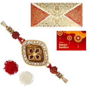 The Gift Tree Golden White Diamond Square Desinger Rakhi For Brother With Roli, Chawal and Beautiful greeting card | Premium Rakhi for Men, Kids & Boys