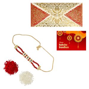 The Gift Tree Golden Shaped Red Beads Rakhi For Brother With Roli, Chawal and Beautiful greeting card | Premium Rakhi for Men, Kids & Boys