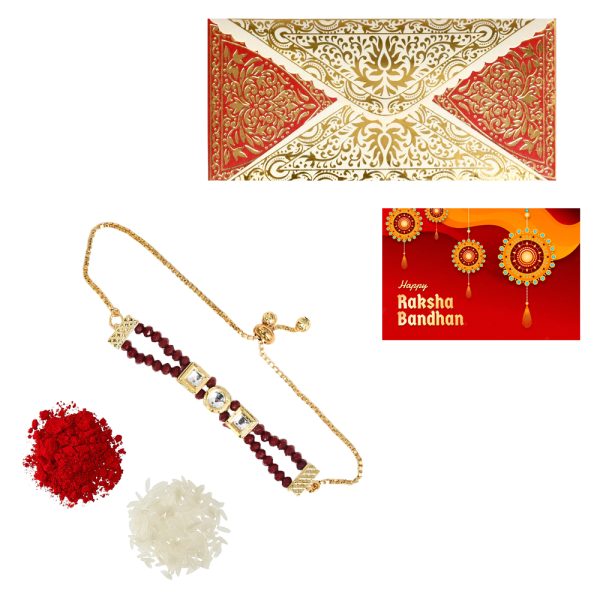 The Gift Tree Golden Shaped Maroon Beads Rakhi For Brother With Roli, Chawal and Beautiful greeting card | Premium Rakhi for Men, Kids & Boys