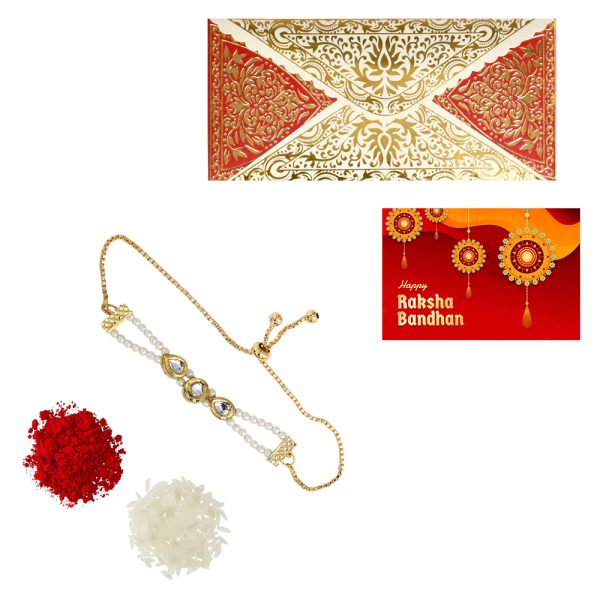 The Gift Tree Golden Shaped White Pearl Rakhi For Brother With Roli, Chawal and Beautiful greeting card | Premium Rakhi for Men, Kids & Boys