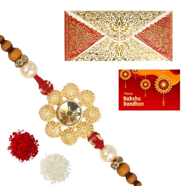 The Gift Tree Yellow Diamond Floral Rakhi For Brother With Roli, Chawal and Beautiful greeting card | Premium Rakhi for Men, Kids & Boys