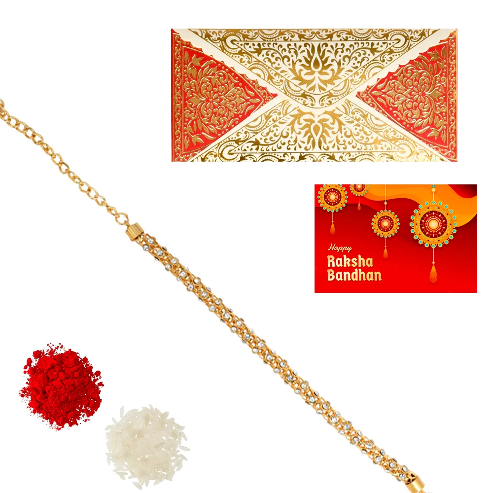 The Gift Tree Golden Diamond Bracelet Rakhi For Brother With Roli, Chawal and Beautiful greeting card | Premium Rakhi for Men, Kids & Boys 1 The Gift Tree Golden Diamond Bracelet Rakhi For Brother With Roli, Chawal and Beautiful greeting card | Premium Rakhi for Men, Kids & Boys