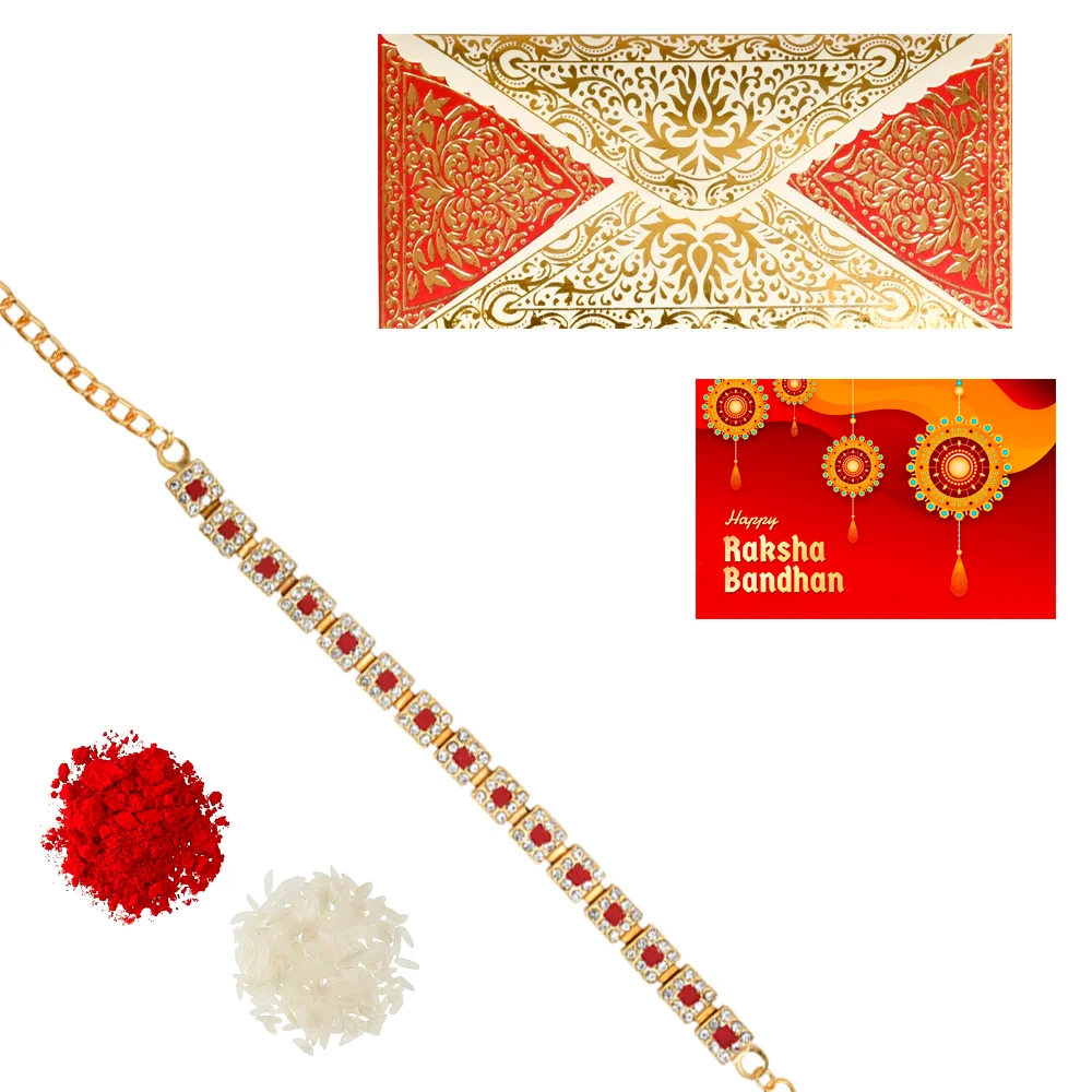 The Gift Tree Red Diamond Square Bracelet Rakhi For Brother With Roli, Chawal and Beautiful greeting card | Premium Rakhi for Men, Kids & Boys 1 The Gift Tree Red Diamond Square Bracelet Rakhi For Brother With Roli, Chawal and Beautiful greeting card | Premium Rakhi for Men, Kids & Boys
