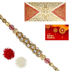 The Gift Tree White Diamond Golden Rakhi For Brother With Roli, Chawal and Beautiful greeting card | Premium Rakhi for Men, Kids & Boys