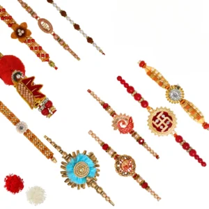 The Gift Tree Om Ganpati Fancy Designer Beads Set of 10 Rakhi For Brother With Roli, Chawal and Beautiful greeting card | Premium Rakhi for Men, Kids & Boys