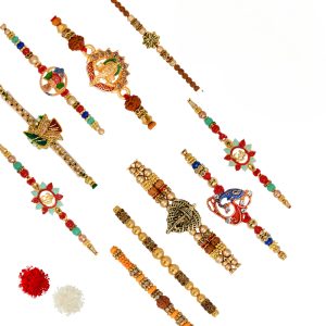 The Gift Tree Beads Designer Rakhi Set of 10 For Brother With Roli, Chawal and Beautiful greeting card | Premium Rakhi for Men, Kids & Boys