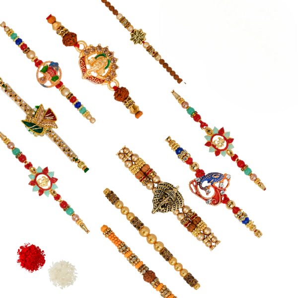 The Gift Tree Beads Designer Rakhi Set of 10 For Brother With Roli, Chawal and Beautiful greeting card | Premium Rakhi for Men, Kids & Boys