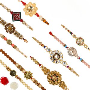 The Gift Tree Fancy Designer Diamond Rakhi Set of 10 For Brother With Roli, Chawal and Beautiful greeting card | Premium Rakhi for Men, Kids & Boys