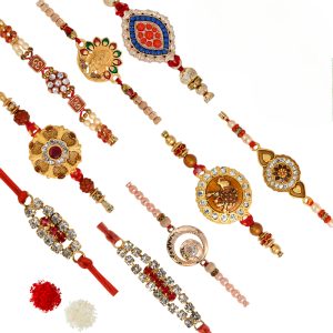 The Gift Tree Golden Ganpati Rudraksh Beads rakhi Set of 10 For Brother With Roli, Chawal and Beautiful greeting card | Premium Rakhi for Men, Kids & Boys