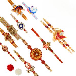 The Gift Tree Diamond Bracelet Beads Rakhi Set of 10 For Brother With Roli, Chawal and Beautiful greeting card | Premium Rakhi for Men, Kids & Boys