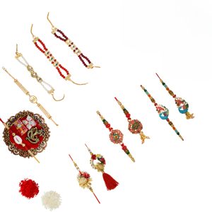 The Gift Tree Fancy Traditional Beads rakhi Set of 10 For Brother With Roli, Chawal and Beautiful greeting card | Premium Rakhi for Men, Kids & Boys
