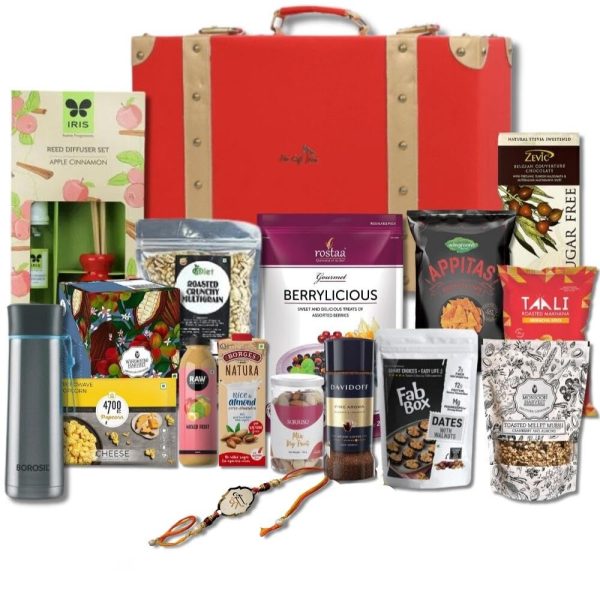 The Gift Tree Ultimate Indulgenge Leatherite Trunk Rakhi Gift Hamper | SS Bottle, Coffee, Chocolate, Berrylicious, Ragi Chips, Popcorn & Almond Milk | Silver Premium Shree Rakhi