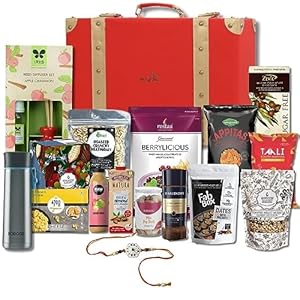 The Gift Tree Ultimate Indulgenge Leatherite Trunk Rakhi Gift Hamper | SS Bottle, Coffee, Chocolate, Berrylicious, Ragi Chips, Popcorn & Almond Milk | Silver Premium Green Diamond Rakhi