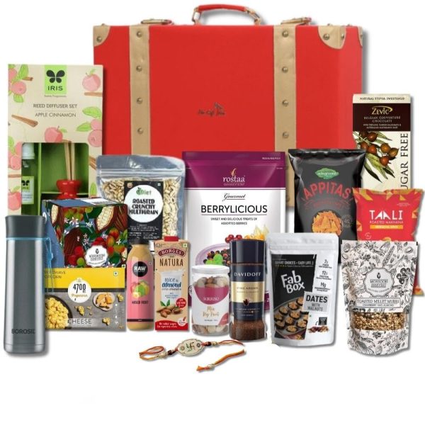 The Gift Tree Ultimate Indulgenge Leatherite Trunk Rakhi Gift Hamper | SS Bottle, Coffee, Chocolate, Berrylicious, Ragi Chips, Popcorn & Almond Milk | Silver Premium Shatirya Rakhi