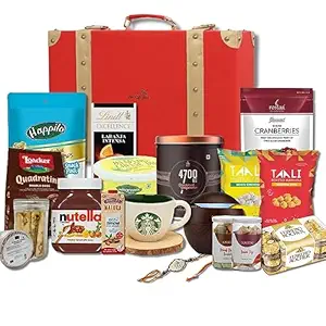 The Gift Tree Royal Treat Leatherite Trunk Rakhi Gift Hamper | Premium Mug, Humidifier, Chocolates, Almond Sticks, Cookies & Makhana | Silver Premium Shree Rakhi
