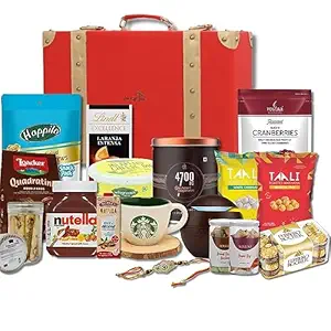 The Gift Tree Royal Treat Leatherite Trunk Rakhi Gift Hamper | Premium Mug, Humidifier, Chocolates, Almond Sticks, Cookies & Makhana | Silver Premium Om Rakhi