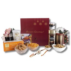 The Gift Tree Premium Coffee Rakhi Gift Hamper |Coffee, Mug, Multigrain Snacks, Cookies and Peanuts | Silver Premium Pink Diamond Rakhi