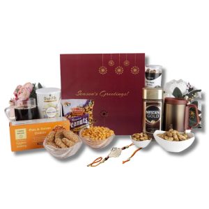 The Gift Tree Premium Coffee Rakhi Gift Hamper |Coffee, Mug, Multigrain Snacks, Cookies and Peanuts | Silver Premium Rakshasutra Rakhi