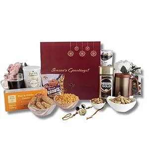 The Gift Tree Premium Coffee Rakhi Gift Hamper |Coffee, Mug, Multigrain Snacks, Cookies and Peanuts | Silver Premium Micky Rakhi