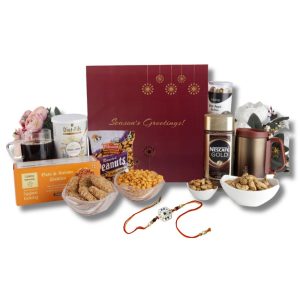 The Gift Tree Premium Coffee Rakhi Gift Hamper |Coffee, Mug, Multigrain Snacks, Cookies and Peanuts | Silver Premium Green Diamond Rakhi