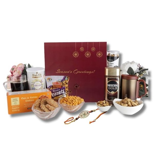 The Gift Tree Premium Coffee Rakhi Gift Hamper |Coffee, Mug, Multigrain Snacks, Cookies and Peanuts | Silver Premium Shatirya Rakhi