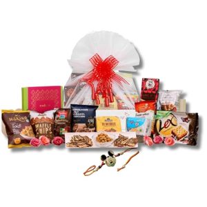 The Gift Tree Delightful Gourmet Rakhi Gift Hamper | Snacks & Munchies, Sweet, Cookies, Crackers, Corn, Chocolates, Waffles and Peanuts | Silver Premium Micky Rakhi