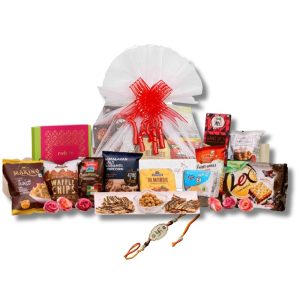 The Gift Tree Delightful Gourmet Rakhi Gift Hamper | Snacks & Munchies, Sweet, Cookies, Crackers, Corn, Chocolates, Waffles and Peanuts | Silver Premium Shatirya Rakhi