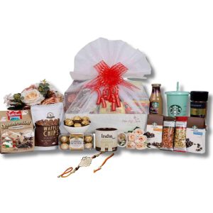 The Gift Tree Premium Rakhi Gift Hamper |Mug, Sipper, Coffee, Chocolates, Dry Fruits, Rocher, Almonds & Cashews | Silver Premium Rakshasutra Rakhi