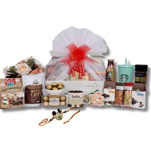 The Gift Tree Premium Rakhi Gift Hamper |Mug, Sipper, Coffee, Chocolates, Dry Fruits, Rocher, Almonds & Cashews | Silver Premium Micky Rakhi