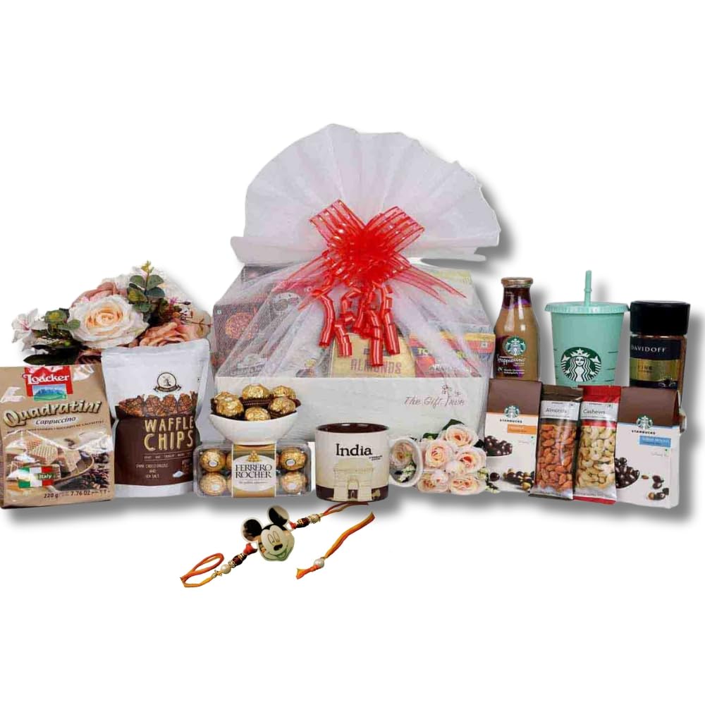The Gift Tree Premium Rakhi Gift Hamper |Mug, Sipper, Coffee, Chocolates, Dry Fruits, Rocher, Almonds & Cashews | Silver Premium Micky Rakhi 1 The Gift Tree Premium Rakhi Gift Hamper |Mug, Sipper, Coffee, Chocolates, Dry Fruits, Rocher, Almonds & Cashews | Silver Premium Micky Rakhi
