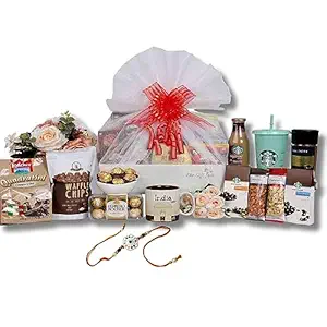 The Gift Tree Premium Rakhi Gift Hamper |Mug, Sipper, Coffee, Chocolates, Dry Fruits, Rocher, Almonds & Cashews | Silver Premium Green Diamond Rakhi