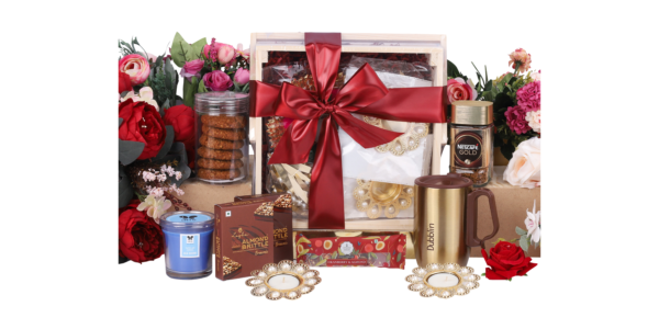 The Gift Tree Wooden Basket Luxury Diwali Gift Hamper | Coffee, Travel Mug, Cookies, Almond Brittle, Chocolates & Candles | Festive Gift Basket For, Family, Friends, Corporate Office, Clients