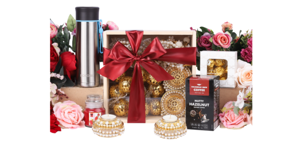 The Gift Tree Festive Treats in a Wooden Box Diwali Gift Hamper | Coffee, SS Bottle, Almond Rocks & Jar Aroma Candle | Gift For Festival Celebration, Friends, Corporate Office, Clients, Family