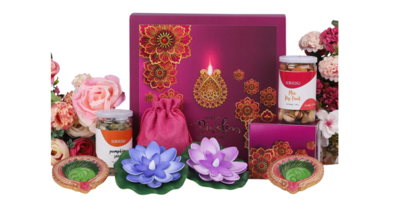 The Gift Tree Special Diwali Gift Hamper | Almond Rocks, Floating Led Candles, Pumpkin Seeds & Colourful Diya| Gift For Festival Celebration, Family, Friends, Corporate Office