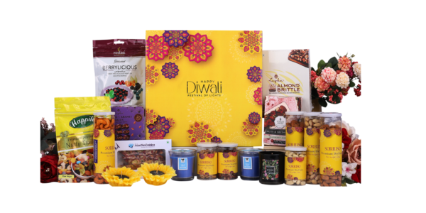 The Gift Tree Premium Diwali Gift Hamper | Kaju Katli, Dry Fruits, Candles, Caramel Dates & Almond Brittle | Gift For Festival Celebration, Family, Clients, Friends, Events