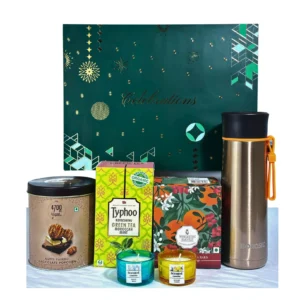 The Gift Tree Tea Celebration Gift Box with Chocolate, Popcorn & Energy Bar | SS Insulated Bottle & Scented Candle | Perfect for Father, Mother & Corporate Gifting