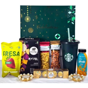 The Gift Tree Celebration Gift Hamper with Starbucks Tumbler, Almonds, Cashews & Chocolate | Veg Chips Combo | Perfect for Parents, Father & Mother | Premium Corporate Gifting