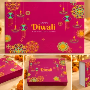 Festive Happy Diwali Gourmet Gift Box with Decorative Flower Diya & Leaf Toran (Jacker Wafer Cubes, Dates Ladoo, Sorriso Multigrain & Barley Mix) – Luxury Festive & Corporate Gifting Hamper