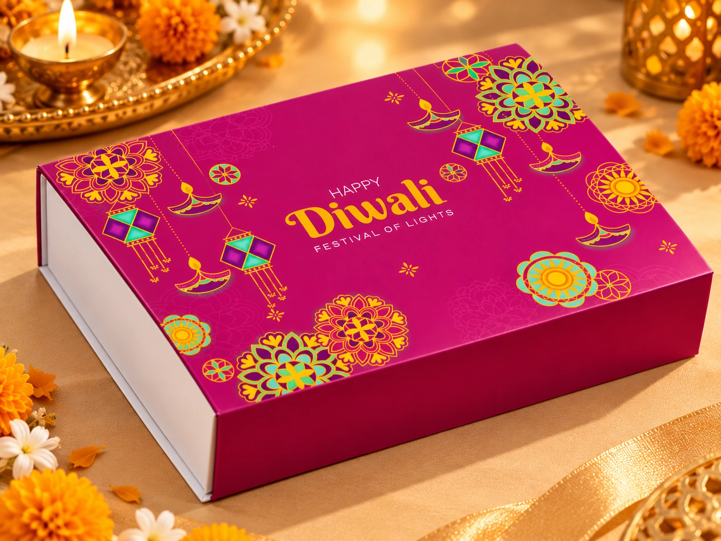 Festive Happy Diwali Gourmet Gift Box with Decorative Flower Diya & Leaf Toran (Jacker Wafer Cubes, Dates Ladoo, Sorriso Multigrain & Barley Mix) - Luxury Festive & Corporate Gifting Hamper 3 Festive Happy Diwali Gourmet Gift Box with Decorative Flower Diya & Leaf Toran (Jacker Wafer Cubes, Dates Ladoo, Sorriso Multigrain & Barley Mix) - Luxury Festive & Corporate Gifting Hamper - Image 3