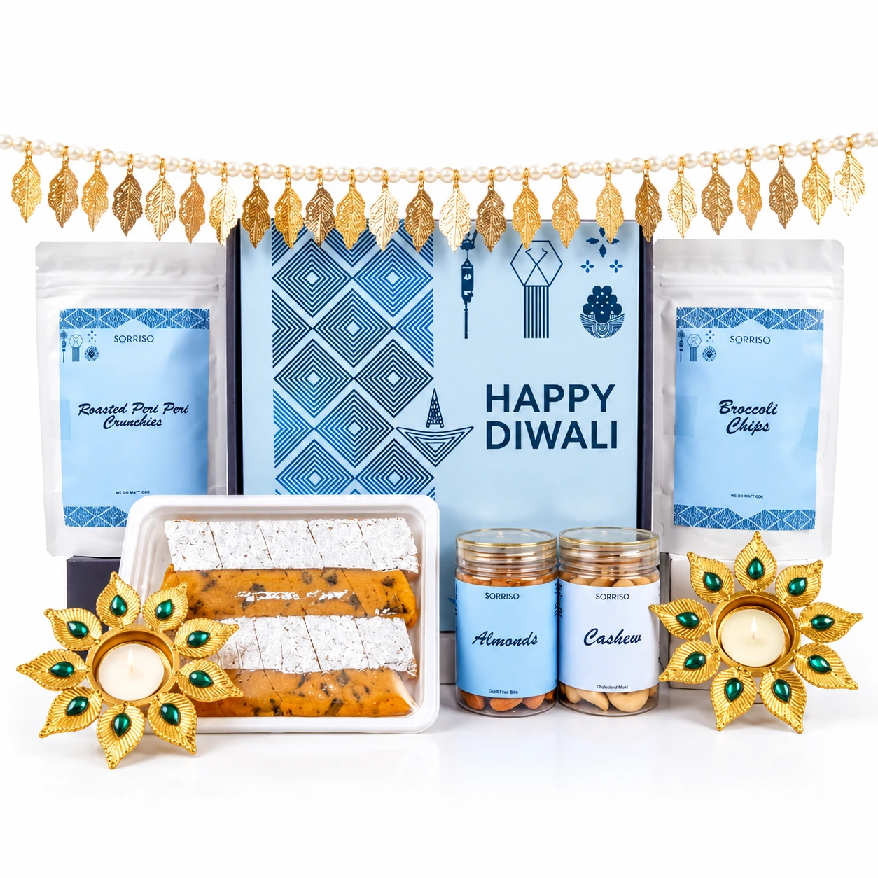 Exclusive Happy Diwali Gourmet Gift Box with Decorative Metal Diyas & Toran (Traditional Sweets, Dry Fruits & Sorriso Snacks) - Premium Festive Gifting Hamper 1 Exclusive Happy Diwali Gourmet Gift Box with Decorative Metal Diyas & Toran (Traditional Sweets, Dry Fruits & Sorriso Snacks) - Premium Festive Gifting Hamper