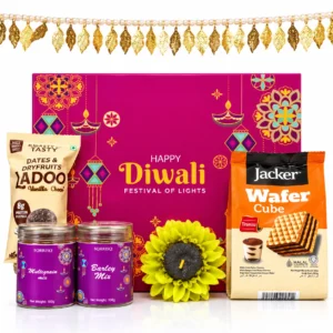 Festive Happy Diwali Gourmet Gift Box with Decorative Flower Diya & Leaf Toran (Jacker Wafer Cubes, Dates Ladoo, Sorriso Multigrain & Barley Mix) – Luxury Festive & Corporate Gifting Hamper